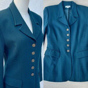 Vintage 80s Georgiou Studio Worsted Wool Teal Tailored Blazer Size 6 Made in USA